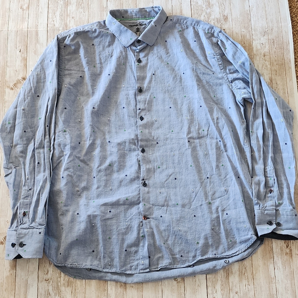 Visconti Black Men's Skull Motif Blue Button Down Long Sleeve Shirt Size XXL